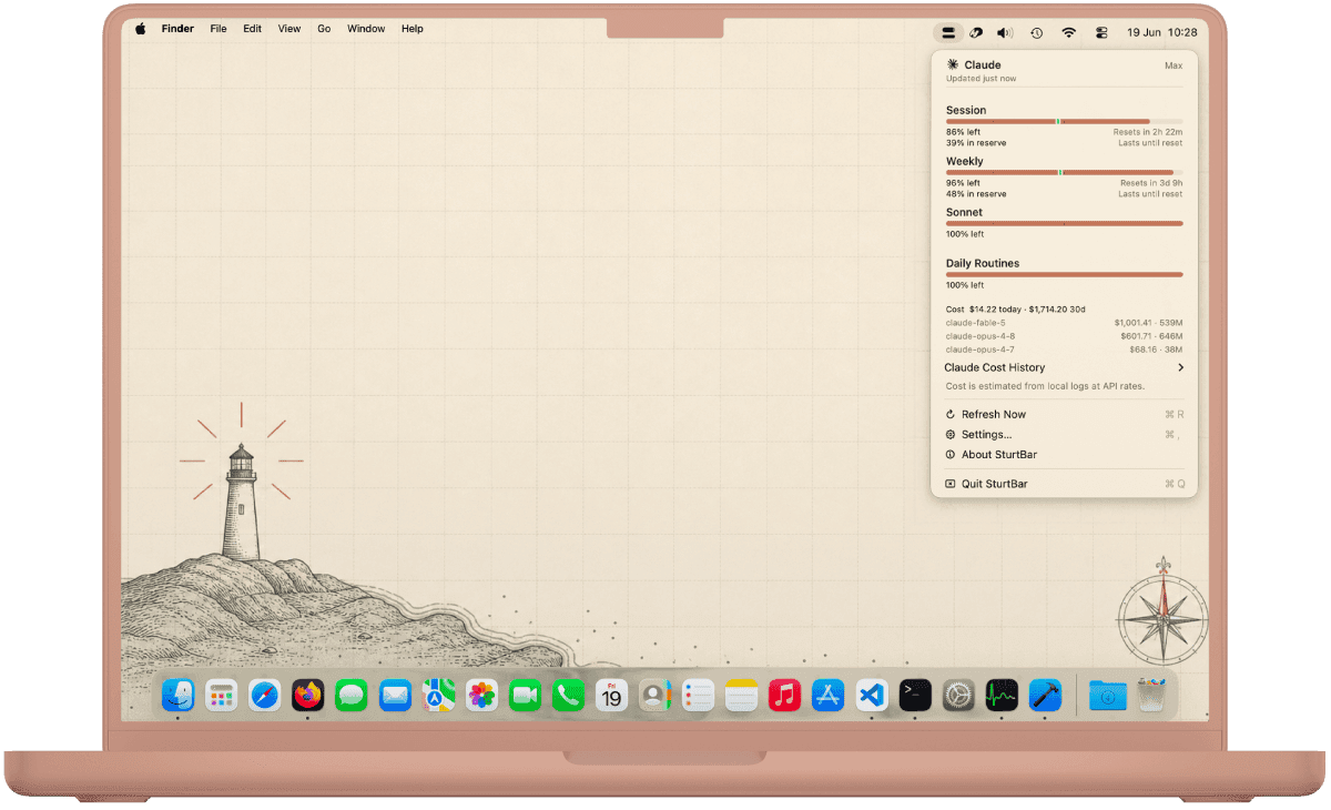SturtBar's Logbook popover open in the macOS menu bar, showing session, weekly and Sonnet usage bars with daily routines.